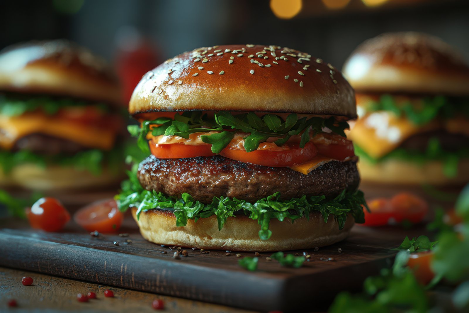A juicy burger with lettuce, tomato, and cheese sits on a wooden board